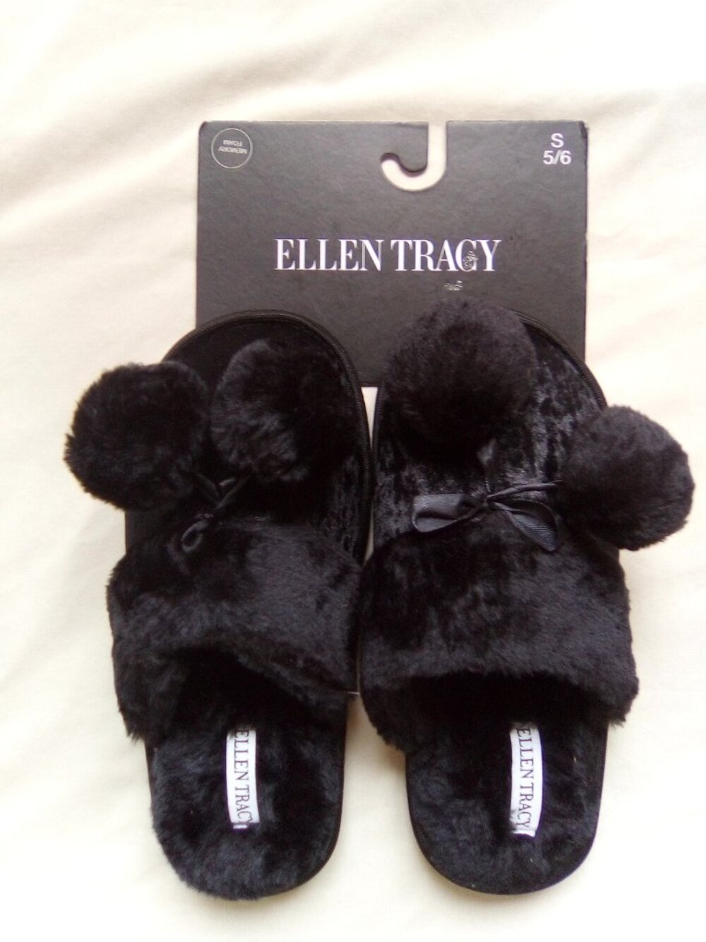 ELLEN TRACY Women's Velvet Memory Foam Slipper with Faux Fur Cuff, Bow & Pom Pom